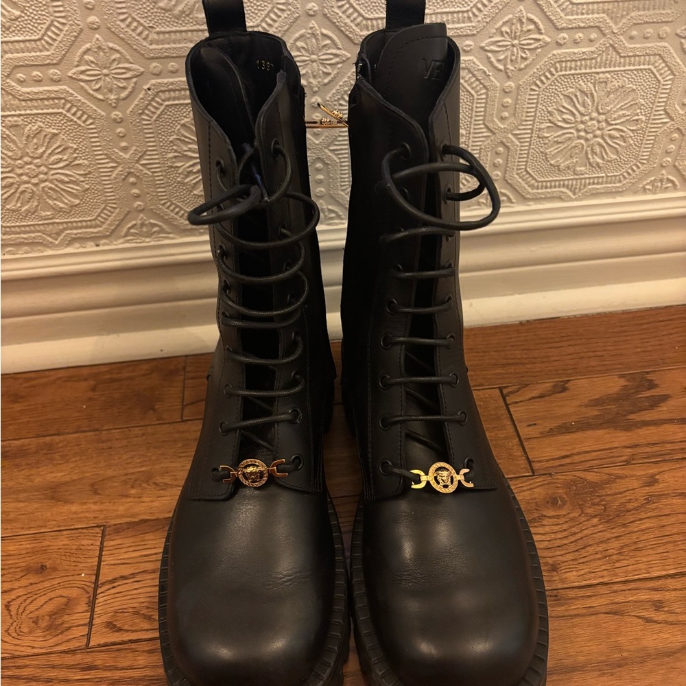 Versace Black Combat Boots with Gold Medallion